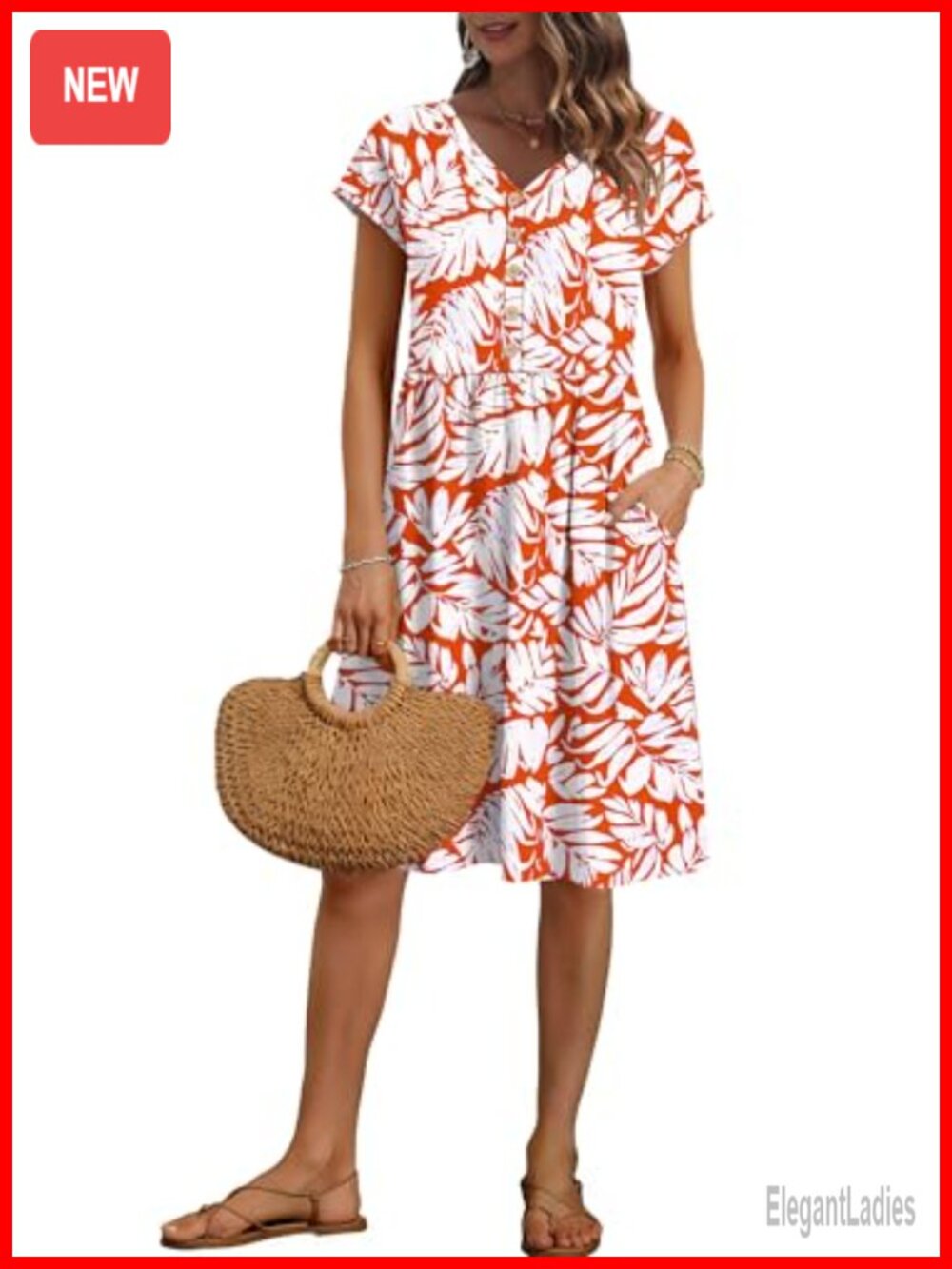 Women's Summer Knee-Length V-Neck Dress with Pockets and Short Sleeves